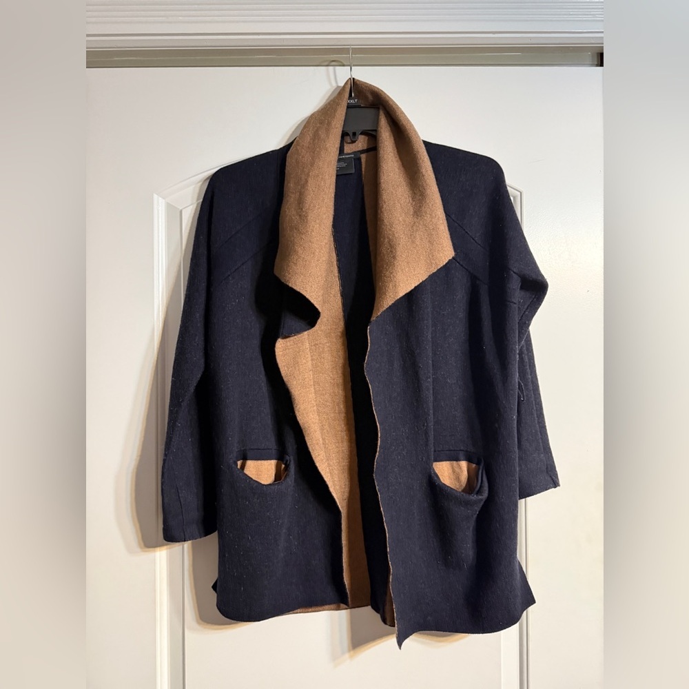 Armani Exchange Cardigan Women Small Navy Camel Fair Wool Blend Shawl Collar‎